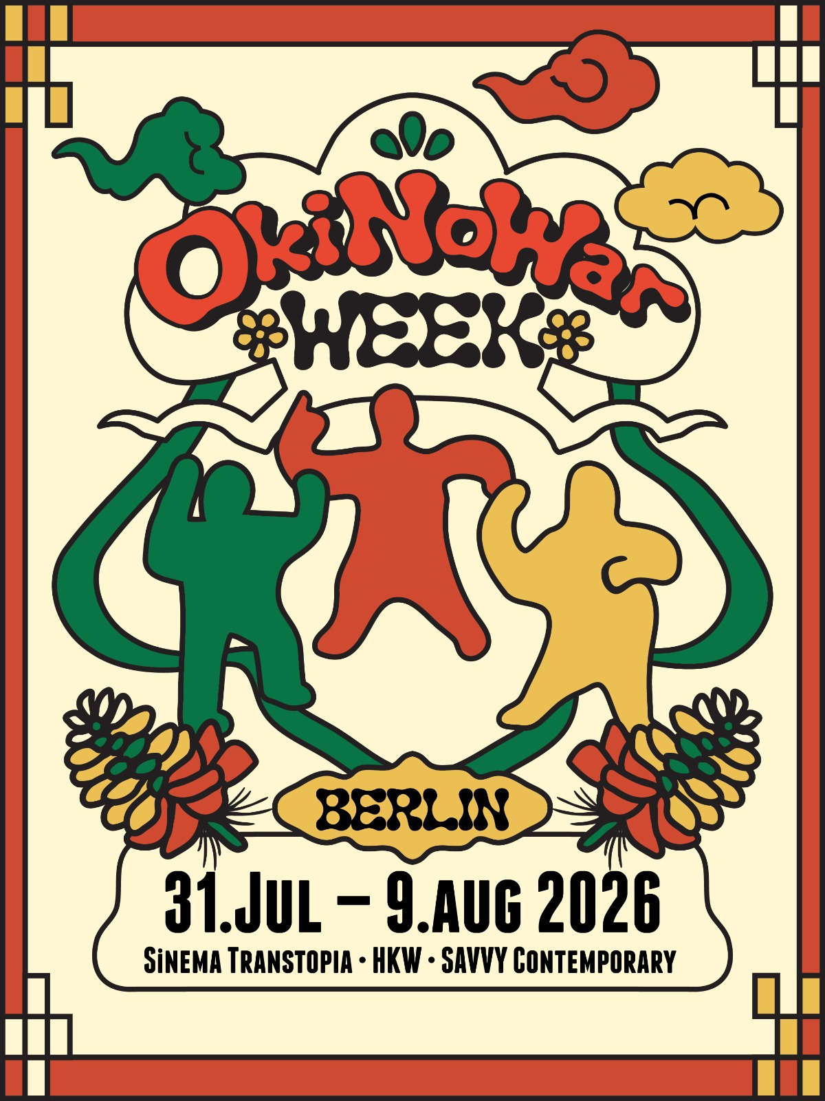 OkiNoWar WEEK 2026 poster — three dancing figures, Okinawan flowers, Berlin